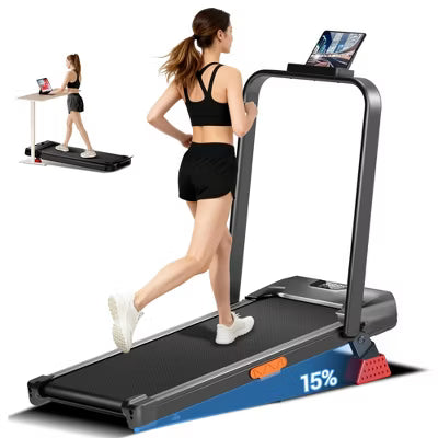 15 Incline Walking Pad Treadmill with Handlebar, 2.5HP Quiet Folding Under Desk Treadmill for Home Office (BLACK)