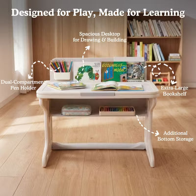 TODECARE Kids Table and Chair Set, Toddler Activity Table with Bookshekf and Graffiti/Block Building Desktop, Kids desk for Home, Preschool, Gray