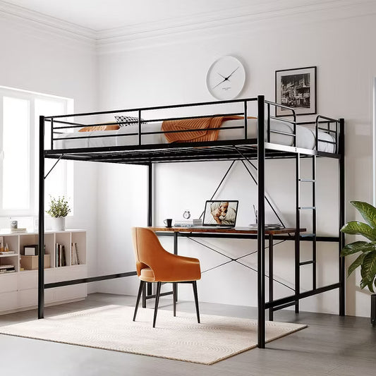 Karl Home Black Loft Bed Queen Size with Flat Rungs for Adults, Kids and Young Teens, No Box Spring Required