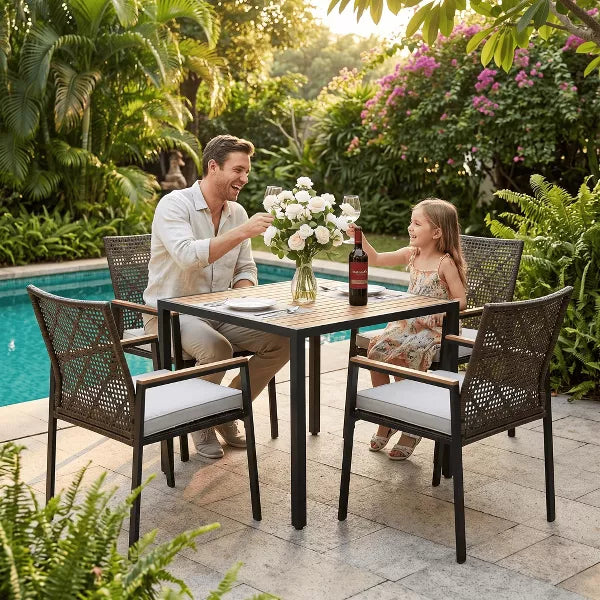 All-Weather Outdoor Table and Chairs with Umbrella Hole Sturdy 352lbs Capacity Yellow Rattan Furniture for Backyard