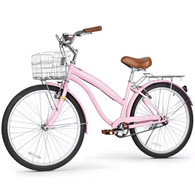 hykolity 26" Commuter Bike Beach Cruiser Bicycle City Bike Cycling for Adult Height 60-72 inch Front Basket Rear Rack Pink