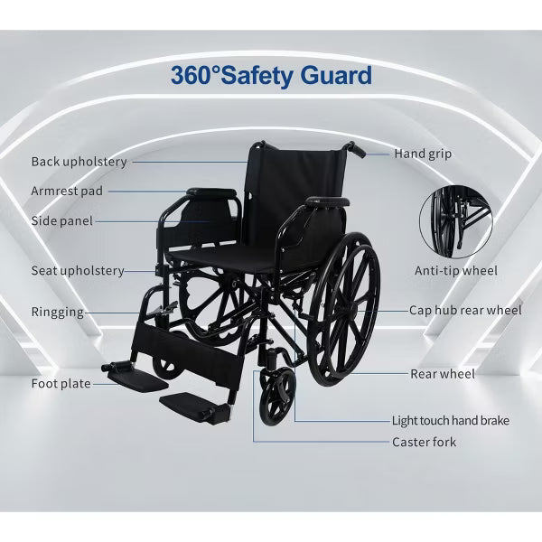 Black Lightweight Foldable Transport Wheelchair for Seniors, 16 Inch Portable Seat with Removable Armrests, Swing-Away Footrests & Locking Handbrakes