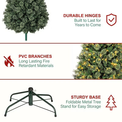 VIVATREES 6 Ft Artificial Christmas Tree Prelit, Partially Flocked with Warm White Lights, Hinged Branches, Metal Stand, Green Xmas Tree for Decor