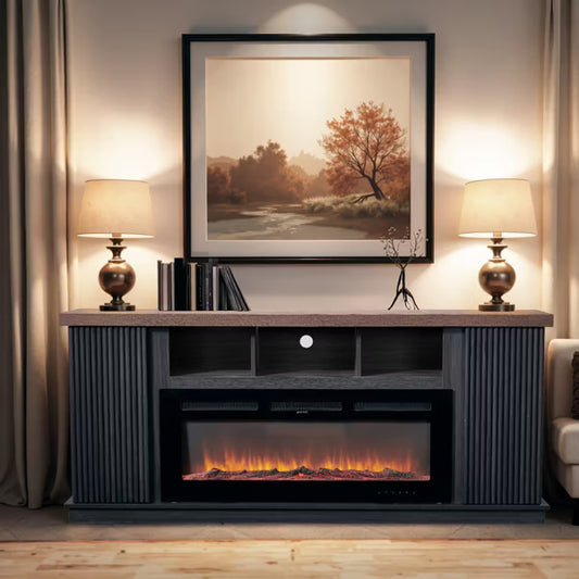 EROMMY 70" W Manufactured Wood Ribbed TV Stand with Electric Fireplace