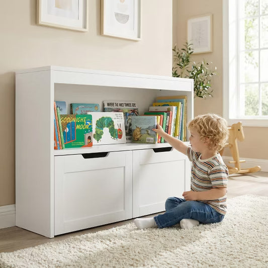 White Kids Storage Organizer – 2-in-1 Bookcase & Toy Cabinet with Display Shelves and Storage Bins for Bedroom, Playroom & Nursery Organization