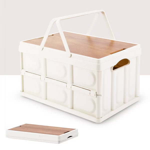 VUSIGN 55L/14.5gal 14.4''x11.6'' Foldable Storage Bins with Wooden Lids and Handles Light Beige
