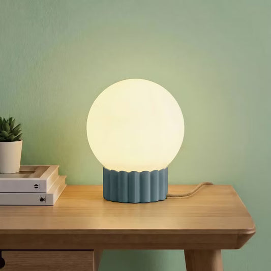Opal Glass Globe Table Lamp, UL Certified, with Ribbed Resin Base and Dimmer Switch, Ideal for Bedroom Nightstand, Living Room Side Table,Blue
