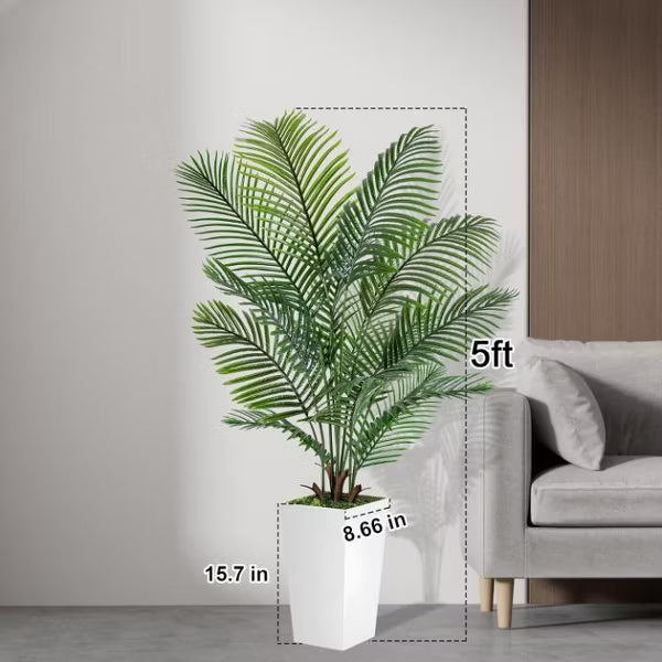 ROMSWI 5FT 6FT Artificial Palm Tree with White Planter, Lifelike Golden Cane Palm Tree, Tropical Fake Tree for Outdoor Indoor Decor 5FT