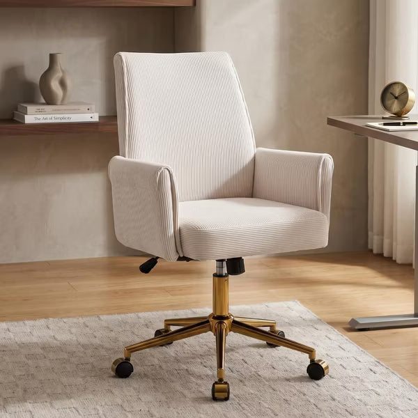Mid-Back Swivel Office Chair, Ergonomic Striped Fabric Desk Chair with Gold Metal Base, Adjustable Height Task Chair for Home Office, Vanity & Study