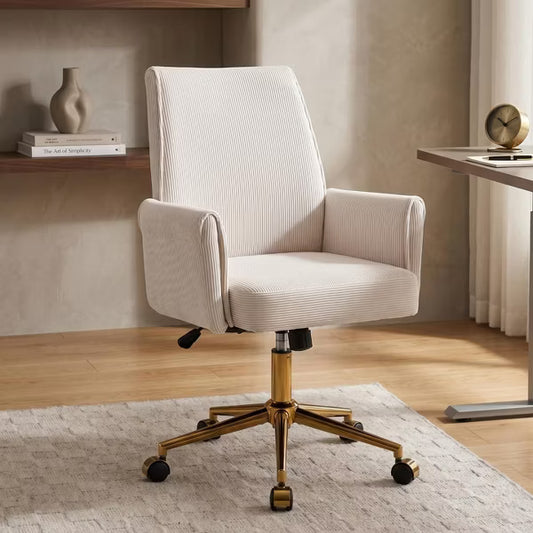 Mid-Back Swivel Office Chair, Ergonomic Striped Fabric Desk Chair with Gold Metal Base, Adjustable Height Task Chair for Home Office, Vanity & Study