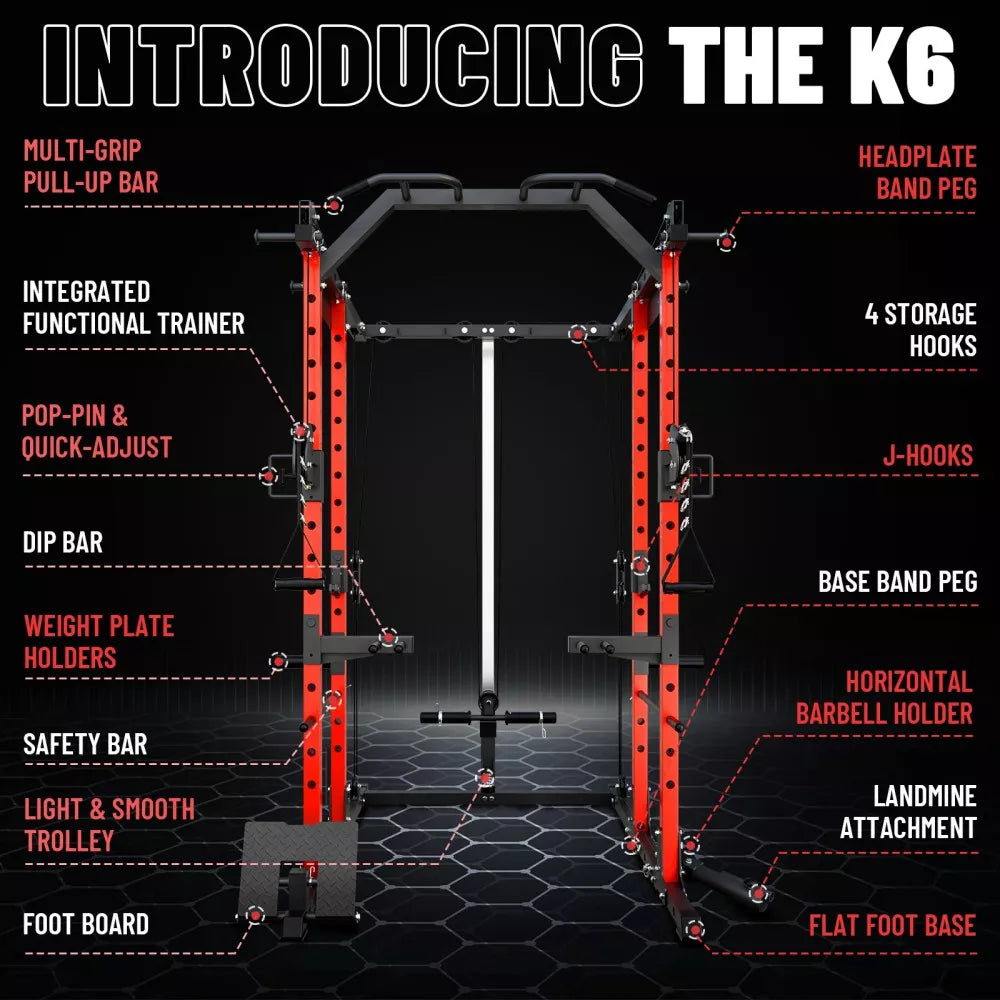 Power Cage with Cable Crossover System, 1500LB Power Rack Home Gym(230LB Color Plates, 7FT Barbell, Weight Bench,Red)