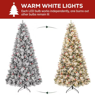 VIVATREES 6 Ft Prelit Snow Flocked Christmas Tree Hinged Branches, Artificial Christmas Tree, Warm White Lights, Metal Stand