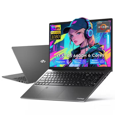NIMO 17.3" IPS FHD Gaming Laptop, AMD Ryzen 5 6600H 8GB DDR5 RAM 512GB SSD Radeon 660M 4.5GHz PD 100W Type-C Backlit Keyboard Win 11 Gray
