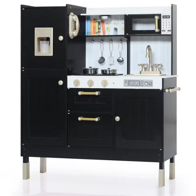 TODECARE Wooden Pretend Play Kitchen Set for Kids with Microwave oven, Ice Maker and Oven, Black