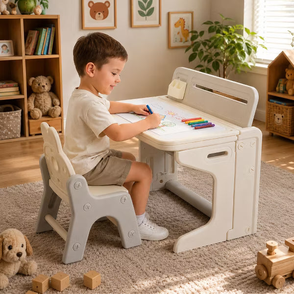 Kinder King Kids Foldable Desk & Chair Set, 2-in-1 Drawing and Building Block Activity Table with Storage, Gray
