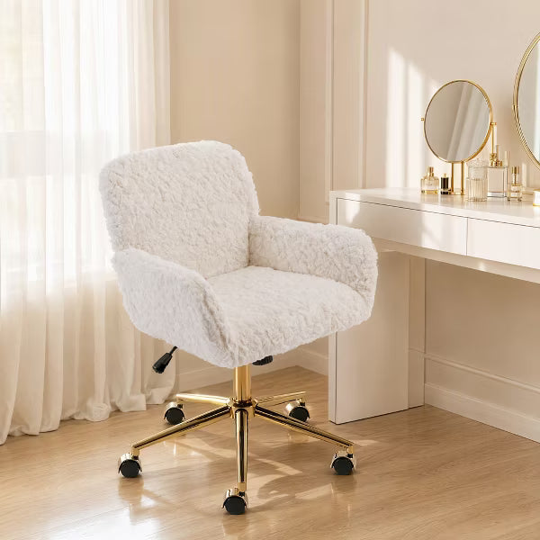 Faux Fur Vanity Chair, Adjustable Swivel Home Office Chair with Colorful Wheels and Metal Base, Cute Makeup Chair for College Dorm Essentials