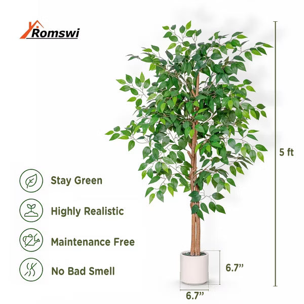 Romswi 5FT Artificial Ficus Tree with White Planter, Realistic Leaves, Natural Wood Trunk, Faux Greenry Plant, Indoor Home Office Decor