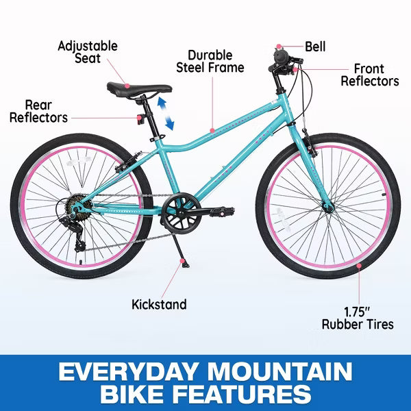 Hykolity 24inch Kids Teenager Mountain Bikes 7-Speed MTB Adjustable Seat Children Youth Bicycle Age 8-14+ Boy Girl Sport Bike, Mint Green