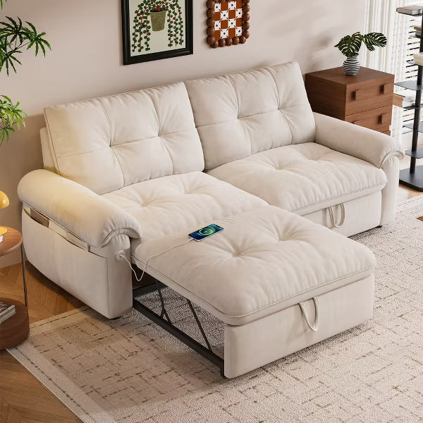 77" Cloud-Fabric Pull Out Sleeper Sofa, 2-in-1 Convertible Loveseat Bed with Storage Pockets - Ivory Cream