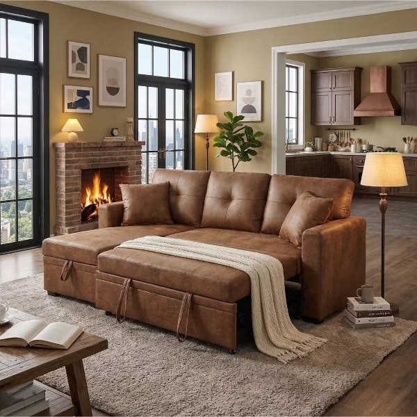 Movie Night Ready Sleeper Sofa – Light Brown L-Shaped Sectional with Pull-Out Bed, Reversible Chaise & Storage for Small Space Living Room