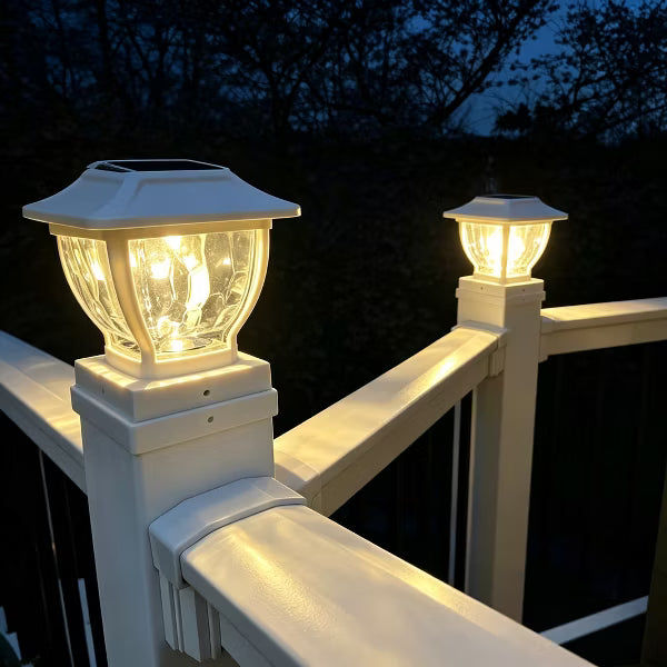 2 Pack Solar Glass Post Cap Lights, Dusk-to-Dawn 30 Lumens Warm White LED Outdoor Fence Deck Post Lighting, White Finish Fits 4x4/5x5/6x6 Posts
