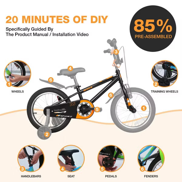 Hykolity 16 Inch Kids BMX Style Bicycle for Boys Girls Ages 6-12, Coaster Brake Steel Frame Adjustable Seat Handlebar White