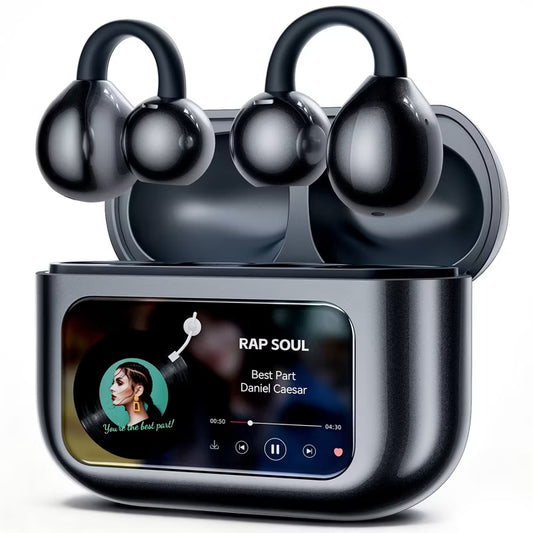 VEATOOL Open Ear Clip-On Earbuds, LCD Touch Screen,Bluetooth 5.4 Sports Earphones,ENC Call Noise Cancelling Earphones with Mic,Ear Clip Earbuds
