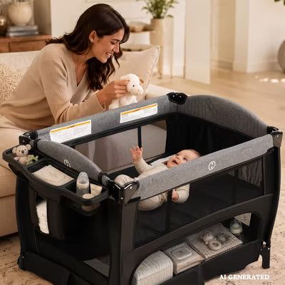 TODECARE 5-in-1 Baby Playard with Bassinet, Bedside Sleeper, Changing Table, Canopy & Side Zipper, Portable Baby Playard