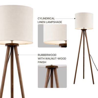 60.5" Natural Wood Tripod Floor Lamp, Nordic Style with White Linen Shade for Bedroom, Living Room, Study, Reading Room & Office
