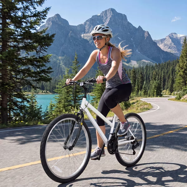 Hykolity Mountain Bike 26 Inch, Women 21 Speed MTB Adult Bicycle with Front Rear Derailleur Double V-Brakes Iron Frame, Cycling Rides, Pale White