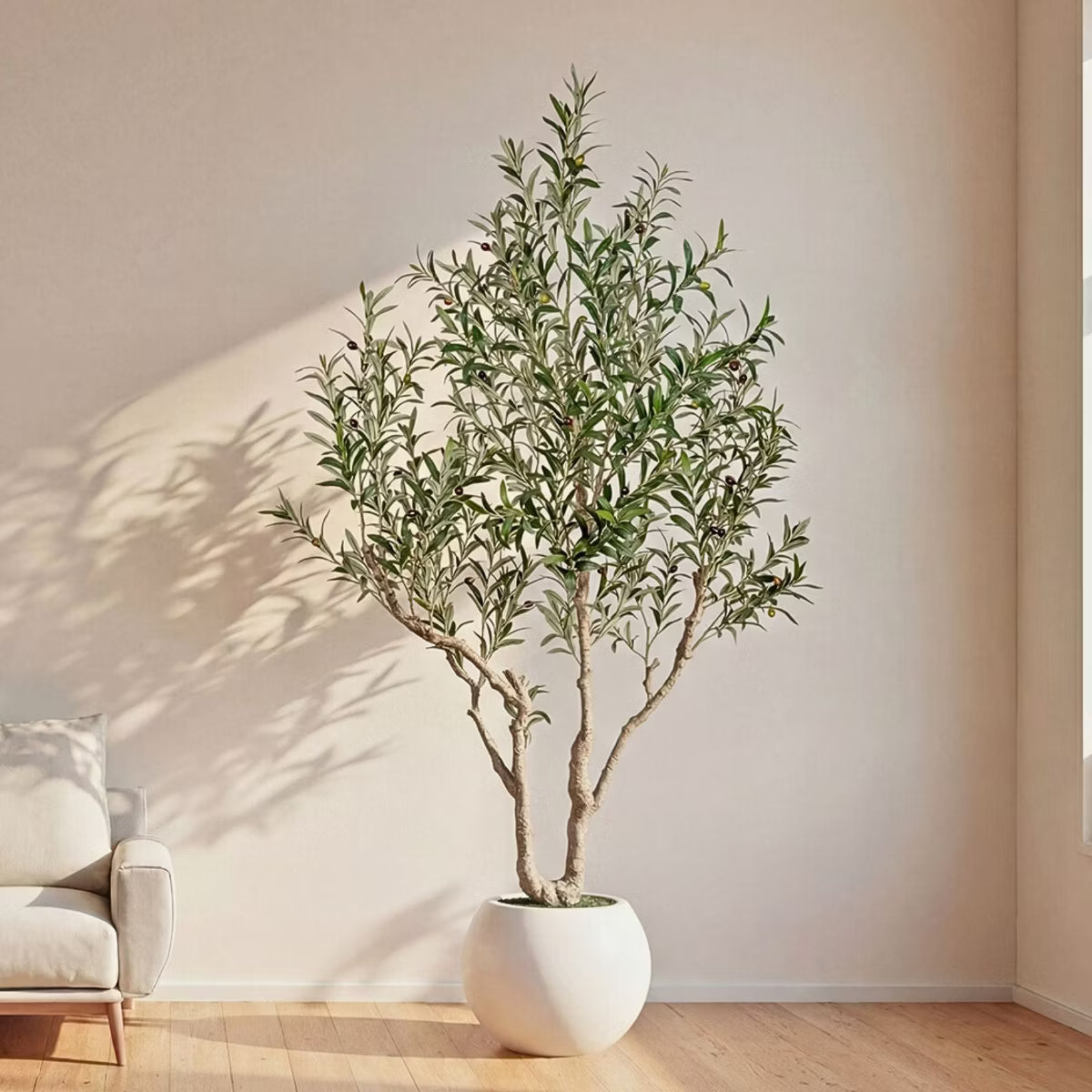 7FT Artificial Olive Tree with 16 Inch White Planter, Faux Olive Tree Realistic Leaves Lifelike Fruits Natural Trunk, Home Office Decor