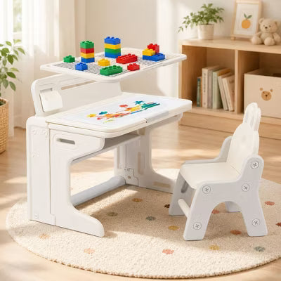 TODECARE Kids Table and Chair Set, Toddler Activity Table with Bookshekf and Graffiti/Block Building Desktop, Kids desk for Home, Preschool, Gray