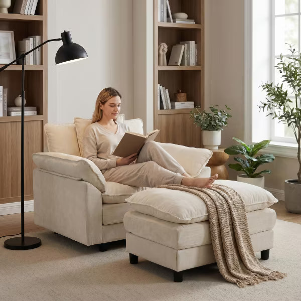 44.5" Modern Upholstered Chenille Accent Chair and Ottoman, Comfy Living Room Club Chair, Cozy Reading Armchair for Bedroom