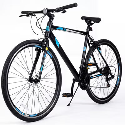 Hykolity 700C Adult Road Bike, 21-Speed Fitness Commuter Bicycle with Aluminum Alloy Frame, Flat Handlebar, Front & Rear V-Brakes, Black