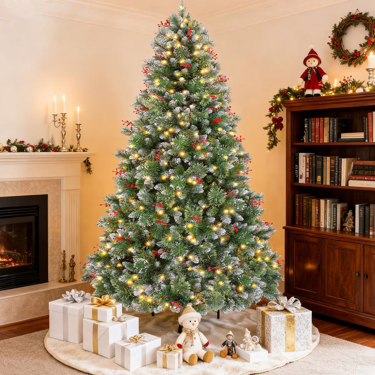 VIVATREES 6ft 7ft Pre-lit Artificial Christmas Tree 1160 Hinged Branch Tips with LED White Warm Lights Foldable Metal Base 6FT