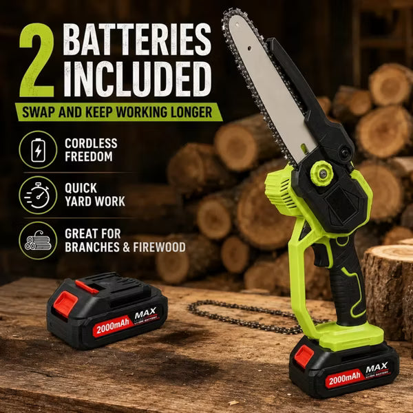 Cordless Mini Chainsaw Pruning Saw with 2 Batteries, Charger, Case and Extra Chain,Red