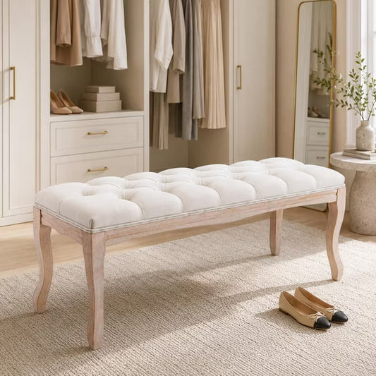 43.3" French Vintage Tufted Bedroom Bench, Upholstered Bed Bench with Carved Distressed Wood Legs, Linen Ottoman for Living Room & Foyer, Beige