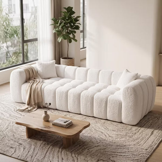 102.7" Marshmallow Cloud Boucle Sofa - Modern 4-Seater Cushioned Compressed Foam Couch, Cloud White