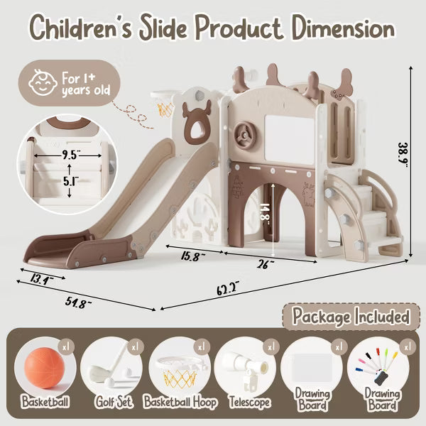 11-in-1 Toddler Slide Playset – Indoor & Outdoor Kids Slide with Basketball Hoop, Golf & Drawing Board (Beige & Rosy Brown, 54×62×39 in)