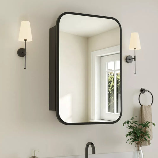 16" x 24" Rounded Corner Medicine Cabinet with High-Definition Mirror, Surface or Recessed Mount, Adjustable Shelves for Bathroom, Black