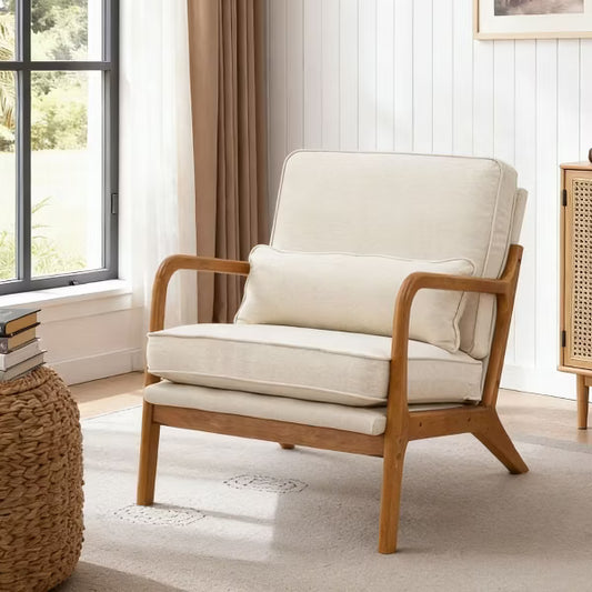 Karl Home Mid Century Solid Wood Accent Chair Upholstered Armchair with an Extra Pillow