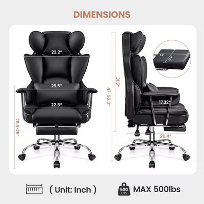 KERDOM Office Desk Chair, Big and Tall Executive Chair with Footrest, Ergonomic Reclining High Back Support, Black