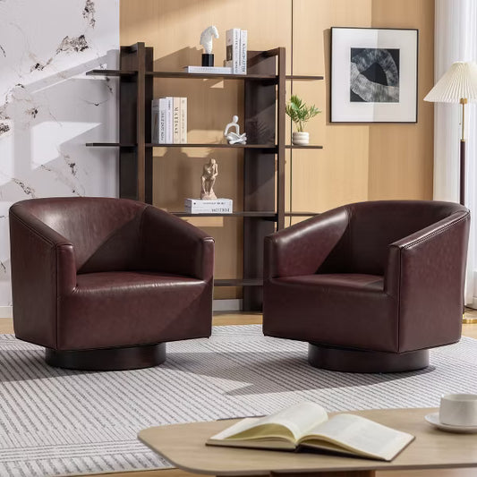 KERDOM 360°Swivel Barrel Accent Chair, PU Leather Upholstered Armchair with Solid Wood Base, Modern Lounge Chair for Living Room Bedroom,Reddish brown