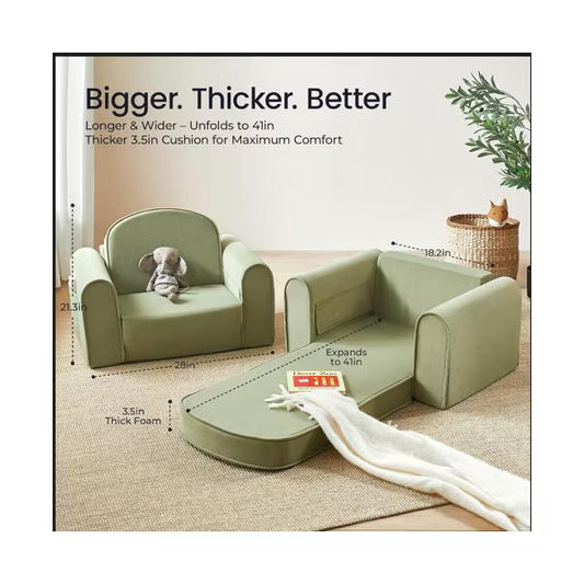 Kinder King 2-in-1 Kids Couch, Fold-Out Toddler Sofa Chair for Reading, Lounging & Playroom Use, Green