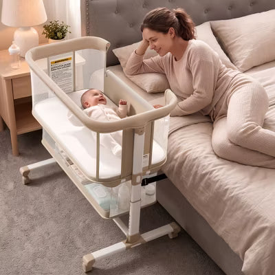 TODECARE 3-in-1 Convertible Baby Bassinet Bedside Sleeper with Adjustable Height, Wheels & Mosquito Net, Beige
