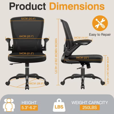 KERDOM Ergonomic Office Chair, Mesh Computer Chair, with Lumbar Support, Rotatable, Reversible Armrests, Height Adjustable, Black
