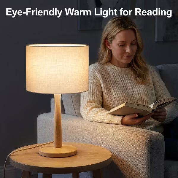 Solid Wood Tapered Base Table Lamp, UL Certified, with Beige Linen Shade and Dimmer Switch for Nightstand & Entryway Decor