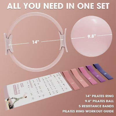 PAETA Pilates Ring Set – 14” Magic Circle (38 lbs Resistance), 9.8” Pilates Ball, 5 Resistance Bands, and Exercise Guide