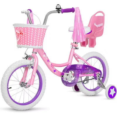 Hykolity Kids Bike 14-Inch Girls Bicycle For Ages 3-5 Adjustable Saddle Coaster Brakes Training Wheels Doll Seat Streamer Basket Pink