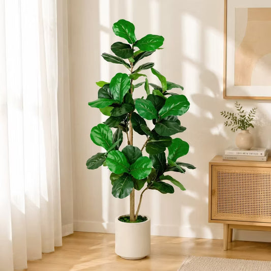 5FT Artificial Fiddle Leaf Fig Tree with White Planter Pot Natural Trunk Realistic Leaves Lifelike Faux Floor Plant For Home Office